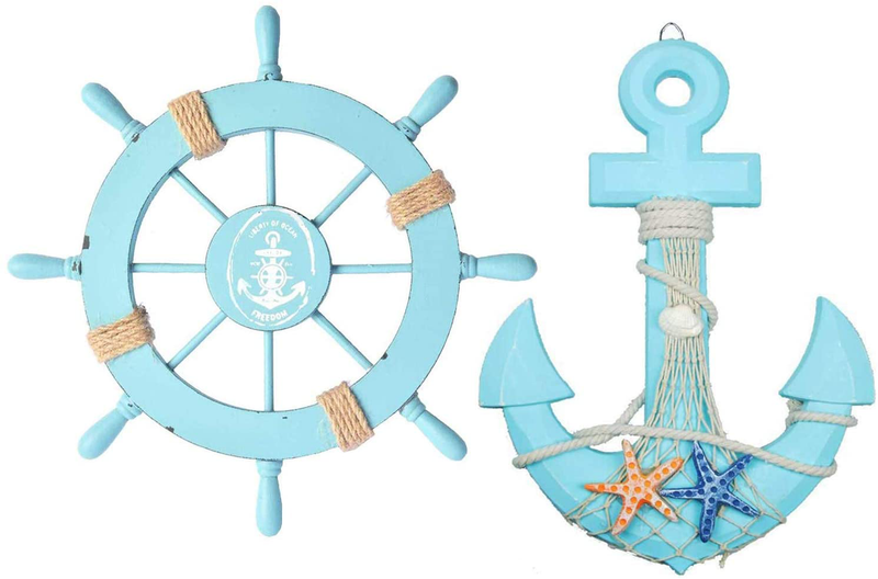 Meching Nautical Decor 2 Pack 13" Wooden Ship Wheel and Wood Anchor with Rope Nautical Boat Steering Rudder Wall Decor Door Hanging Ornament Home & Garden > Decor > Artwork > Sculptures & Statues Meching 4  