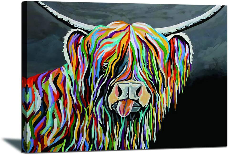 Highland Cow Wall Art Canvas Print Poster Colorful Wild Animal Hairy Cow Abstract Art Decoration Modern Home Wall with Frame Stretched Ready to Hang - 24"X32"X1Pcs Home & Garden > Decor > Artwork > Posters, Prints, & Visual Artwork N-brand   