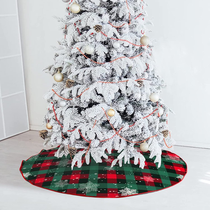 Christmas Tree Skirt Buffalo Plaid Tree Skirt Snowflake Thick Xmas Tree Skirt for Holiday Party Christmas Tree Decorations Indoor Outdoor Red and Green 48 Inch
