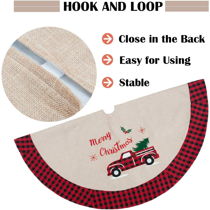 GMOEGEFT Christmas Tree Skirt Burlap with Buffalo Check Trim Rustic Truck and Tree Applique Xmas Home Decoration Ornaments (48 Inches) Home & Garden > Decor > Seasonal & Holiday Decorations& Garden > Decor > Seasonal & Holiday Decorations GMOEGEFT   