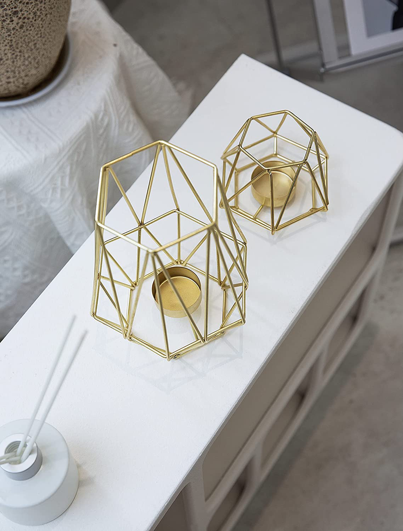 Set of 2 Gold Geometric Metal Tealight Candle Holders for Living Room & Bathroom Decorations - Centerpieces for Wedding & Dining Room, Coffee Side Tables & Shelf Decor - Holiday & Birthday Gifts