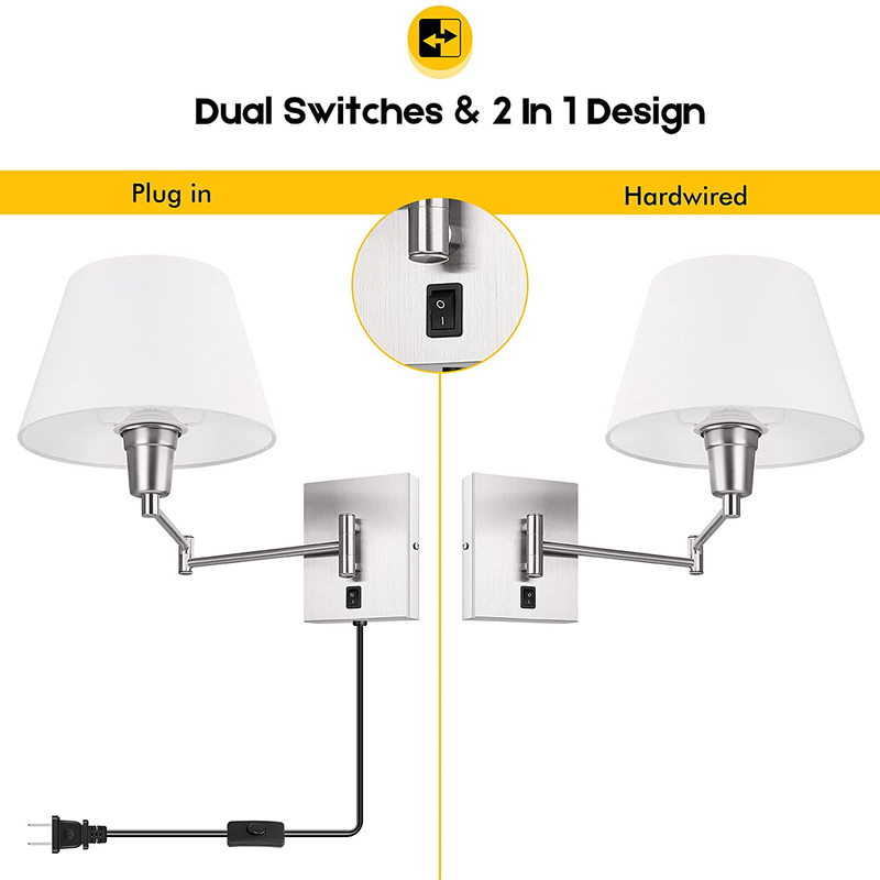 Swing Arm Wall Sconces Set of 2, Indoor Plug in Wall Lamp with White Fabric Shade Hardwired Wall Light Fixture with E26 Base Decor for Bedroom Living Room Porch Hallway Office