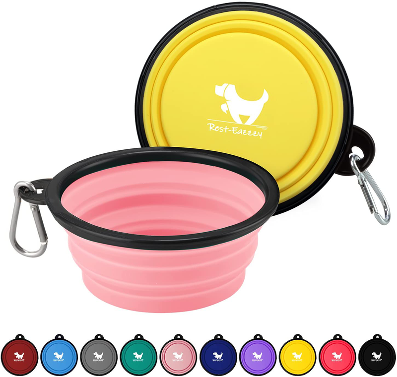 Rest-Eazzzy Expandable Dog Bowls for Travel, 2-Pack Dog Portable Water Bowl for Dogs Cats Pet Foldable Feeding Watering Dish for Traveling Camping Walking with 2 Carabiners, BPA Free  Rest-Eazzzy yellow&pink S 