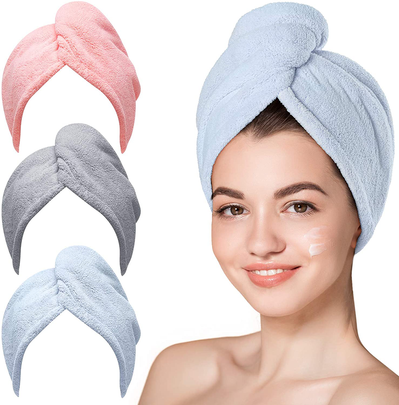 Microfiber Hair Towel,Hicober 3 Packs Hair Turbans for Wet Hair, Drying Hair Wrap Towels for Curly Hair Women Anti Frizz Home & Garden > Linens & Bedding > Towels Hicober Tech Blue+grey+pink  