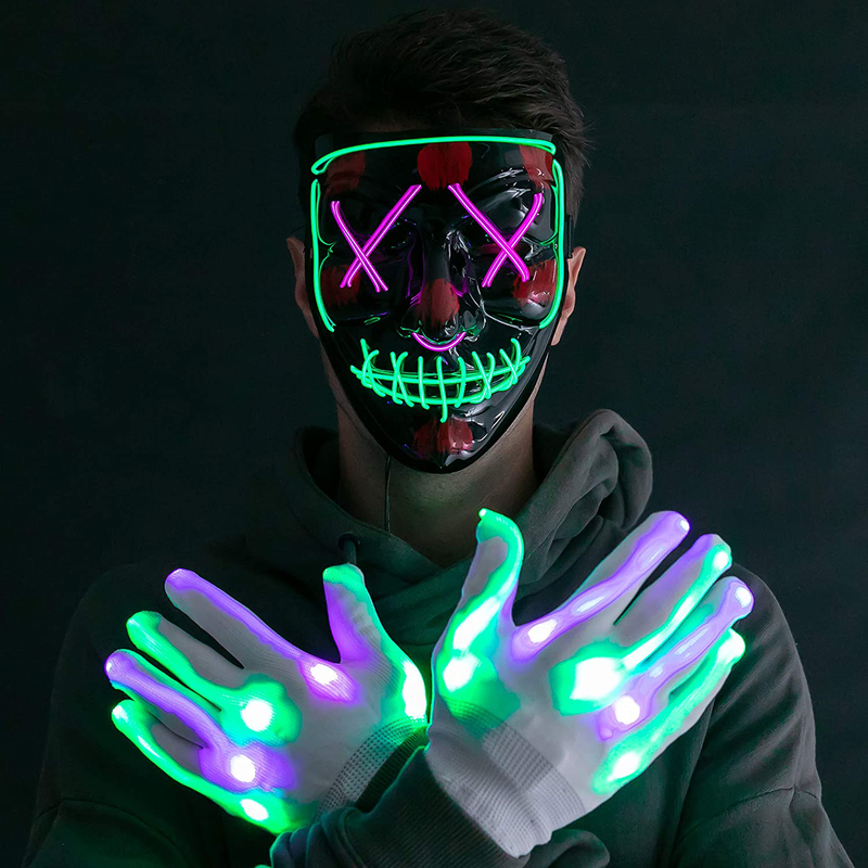 Halloween Led Mask Light Up Scary Mask and Gloves with 3 Lighting Modes for Halloween Cosplay Costume and Party Supplies Apparel & Accessories > Costumes & Accessories > Costumes JOYIN Multi Green+purple  