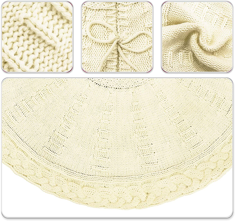 LimBridge Knitted Christmas Tree Skirt, 36 Inches Cable Knit Edge, Rustic Heavy Yarn Tree Skirts for Xmas Decor Holiday Decoration, Cream White