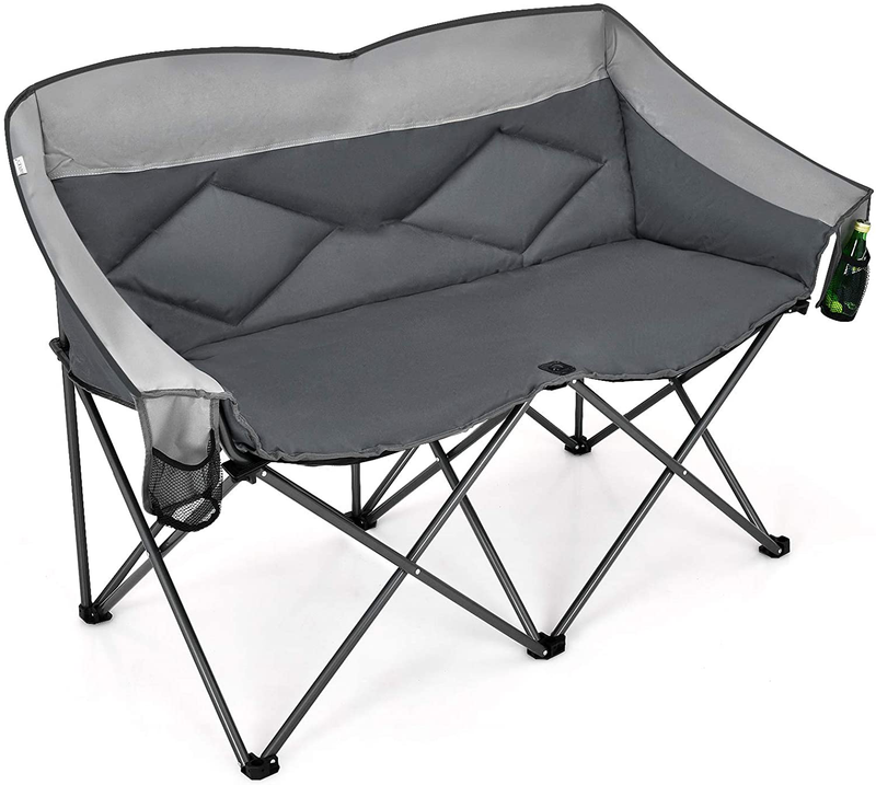 Goplus Loveseat Camping Chair, Double Folding Chair for Adults Couples W/Storage Bags & Padded High Backrest, Oversize Camp Seat for Fishing Picnic (Grey) Sporting Goods > Outdoor Recreation > Camping & Hiking > Camp Furniture Goplus Corp Grey  