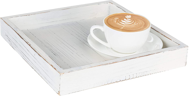 MyGift 10-Inch Square Vintage White Wood Serving Tray