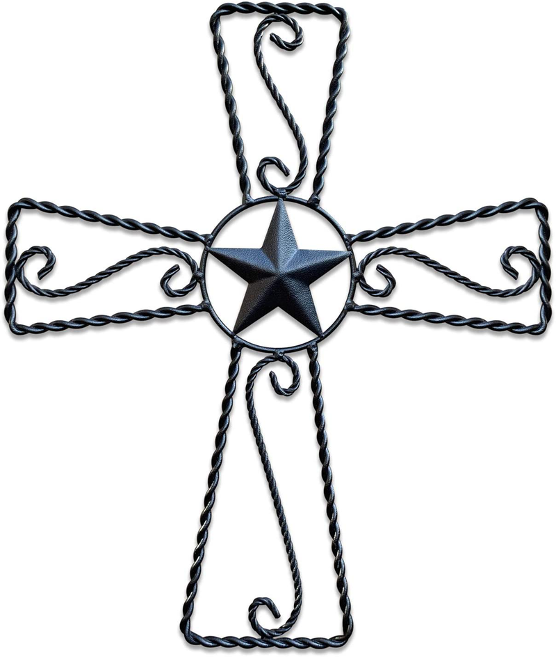 Metal Cross Wall Décor – Rustic Iron Home Art Decorations, Large Texas Country Western Scroll Barn Star Decoration for Living Room or Outdoor, Vintage Hanging Crosses and Stars (Brown, 15"x12.5" (SM))