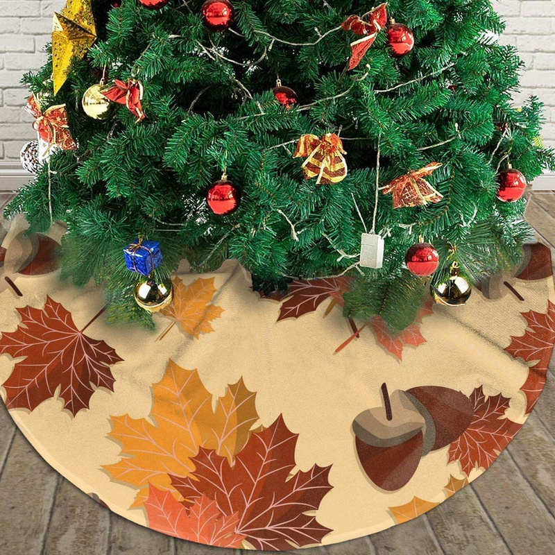 Fall Harvest Autumn Seasonal Leave Leaf Nut Themed Round Christmas Xmas Tree Skirt Carpet Mat Rugs Pad Party Favors Supplies Home Decoration 30 36 48 Inch Small Big Giant Large Home & Garden > Decor > Seasonal & Holiday Decorations > Christmas Tree Skirts REONI   