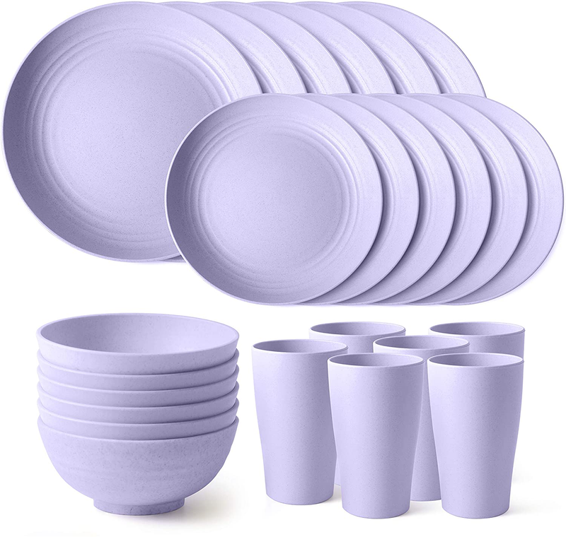 Teivio 24-Piece Kitchen Wheat Straw Dinnerware Set, Dinner Plates, Dessert Plate, Cereal Bowls, Cups, Unbreakable Plastic Outdoor Camping Dishes (Service for 6 (24 piece), Multicolor) Home & Garden > Kitchen & Dining > Tableware > Dinnerware Teivio Purple Service for 6 (24 piece) 
