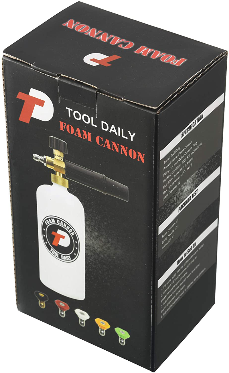 Tool Daily Foam Cannon with 1/4 Inch Quick Connector, 1 Liter, 5 Pressure Washer Nozzle Tips  Tool Daily   