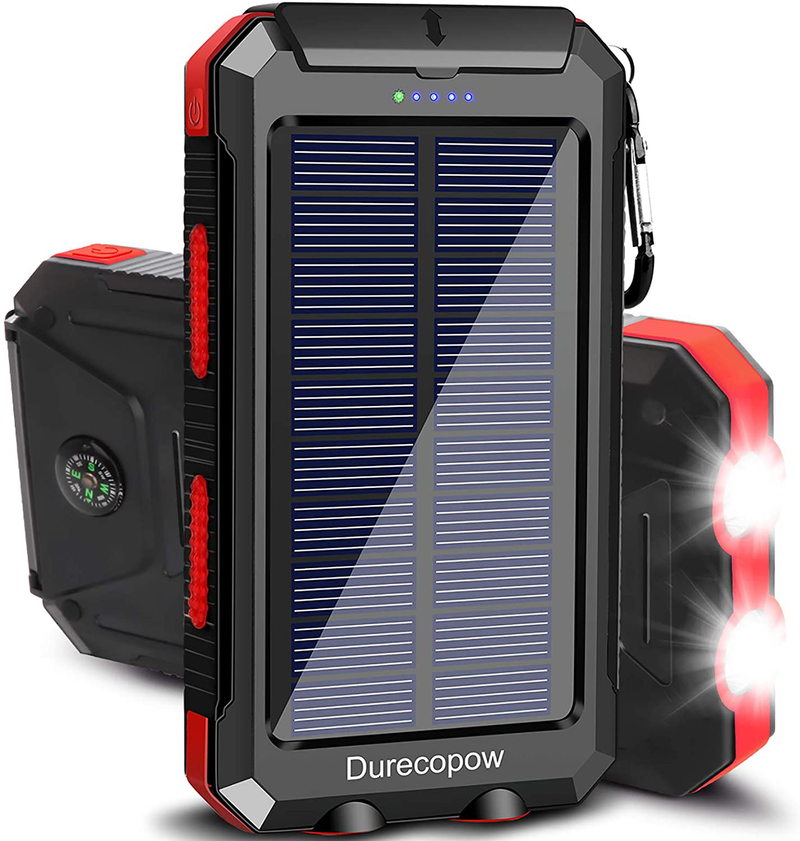 Solar Charger, Durecopow 20000mAh Portable Outdoor Waterproof Solar Power Bank, Camping External Backup Battery Pack Dual 5V USB Ports Output, 2 Led Light Flashlight with Compass (Orange)  Durecopow 20000mAh-Red  