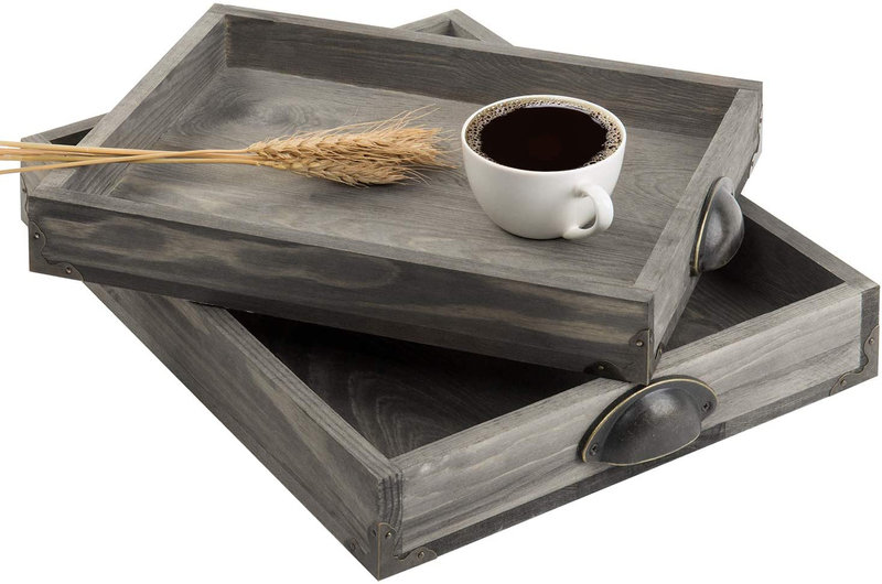 MyGift Vintage Gray Wood Trays with Antique Metal Corners and Handles for Living Room, Kitchen, Breakfast in Bed, and Coffee Table Use, Set of 2 Home & Garden > Decor > Decorative Trays MyGift Gray  