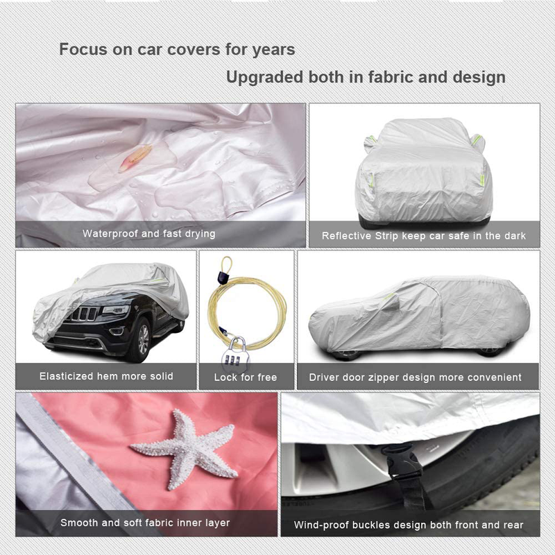 Tecoom Light Shell Breathable Material Classic Zipper Design Waterproof UV-Proof Windproof Car Cover for All Weather Indoor Outdoor Fit 180-195 inches SUV  Tecoom   