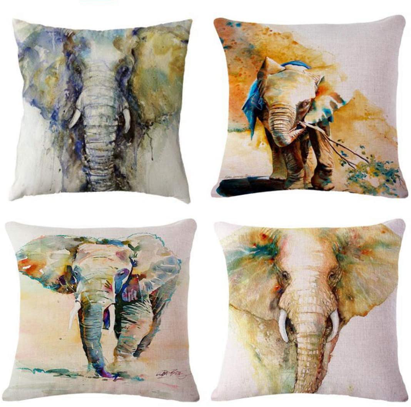 Emvency Set of 4 Linen Throw Pillow Covers 18X18 Inches Home Decorative Cushion Red London Street Bus Telephone Booth Big Ben Pillow Cases Square Pillocases for Bed Sofa Home & Garden > Decor > Chair & Sofa Cushions Emvency Elephant  
