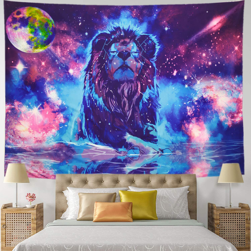 Starry Fantasy Lion Tapestry Moon Lion Wall Tapestry Psychedelic Constellation Wall Hanging Indian Hippie Colorful Leo Universe Galaxy Tapestry