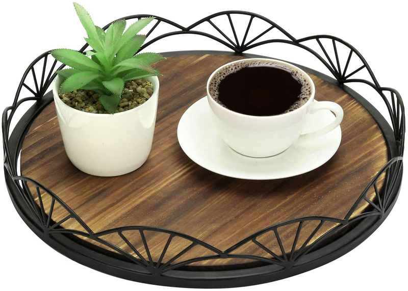 MyGift 12 Inch Dark Brown Burnt Wood Round Decorative Display Serving Tray with Black Metal Fan-Design Rim