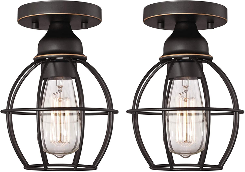 Gruenlich Semi Flush Mount Ceiling Light Fixture for Outdoor and Indoor, One E26 Medium Base 60W Max, Metal Housing and Metal Cage, Bulb Not Included, 2-Pack (Oil Rubbed Bronze Finish)