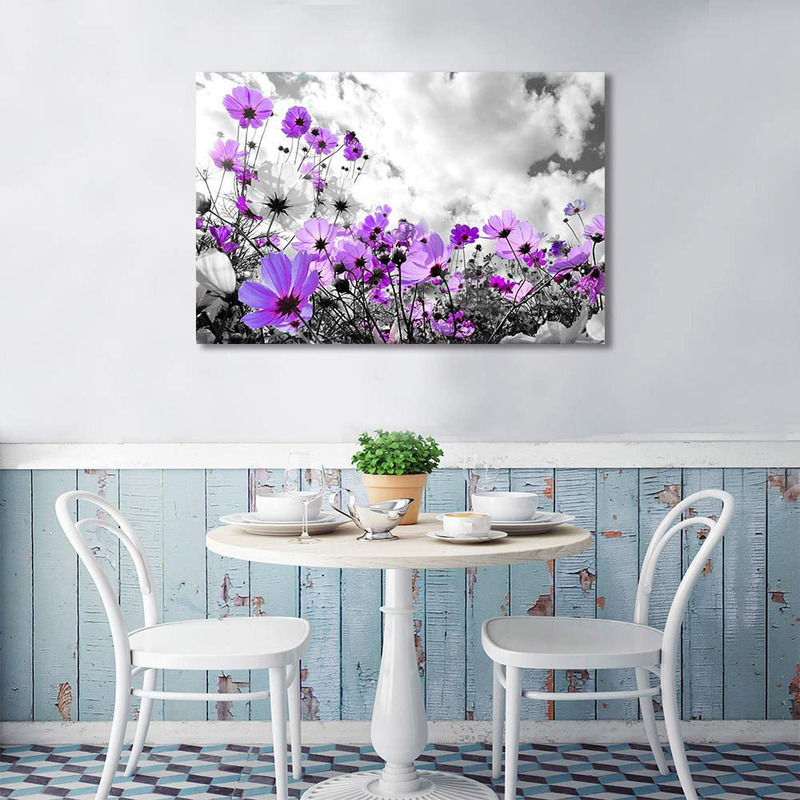 Modern Purple Flowers Canvas Art Wall Decor Black and White Framed Galsang Floral Prints and Posters Wall Hanging Decorations Ready to Hang for Bedroom Bathroom (Purple, 16X24Inx1)