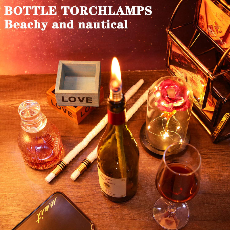 Nuanchu Wine Bottle Torch Hardware Kit Include Brass Torch Wick Holders with Washer, 13.78 Inch Fiberglass Replacement Torch Wicks and Copper Lamp Cover for Indoor Outdoor DIY Homemade