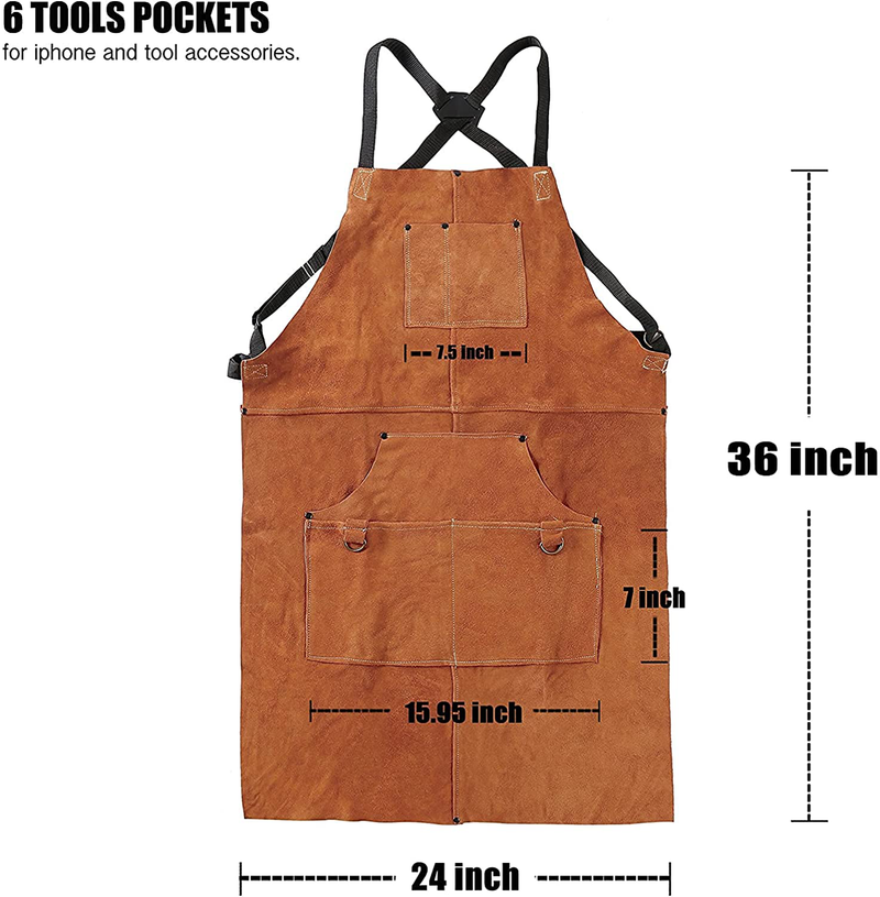 QeeLink Leather Work Shop Apron with 6 Tool Pockets Heat & Flame Resistant Heavy Duty Welding Apron, 24" x 36", Adjustable M to XXL for Men & Women (Brown) Hardware > Tool Accessories > Welding Accessories QeeLink   