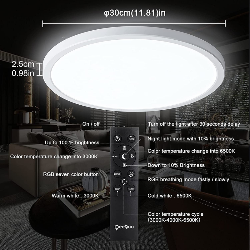 Oeegoo RGB Led Flush Mount Ceiling Light with Remote, 12Inch 24W 2400LM, round Thin Dimmable Ceiling Lamp, Modern Low Profile Ceiling Light Fixture for Bedroom Kitchen Living Room, 3000K-6500K, White Home & Garden > Lighting > Lighting Fixtures > Ceiling Light Fixtures KOL DEALS   