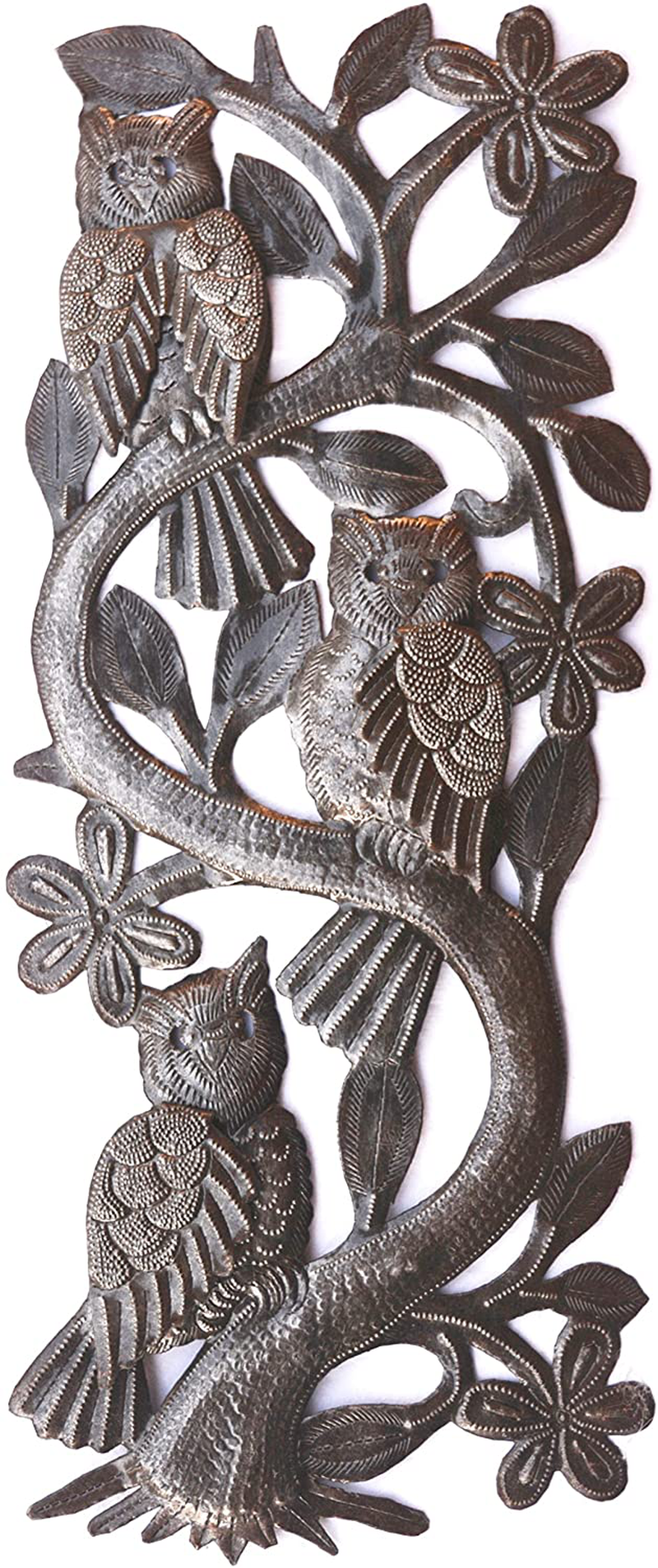 Decorative Owls, Three Owls in a Tree, Fall Garden Wall Hanging Plaques from Haiti, Handmade from Recycled Steel Barrels 7 x 18 Inches Home & Garden > Decor > Artwork > Sculptures & Statues It's Cactus Default Title  