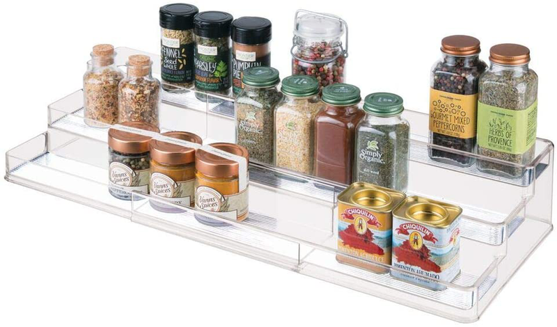 mDesign Large Plastic Adjustable, Expandable Kitchen Cabinet, Pantry, Step Shelf Organizer/Spice Rack with 3 Tiered Levels of Storage for Spice Bottles, Jars, Seasonings, Baking Supplies - Clear Home & Garden > Decor > Decorative Jars mDesign Clear  