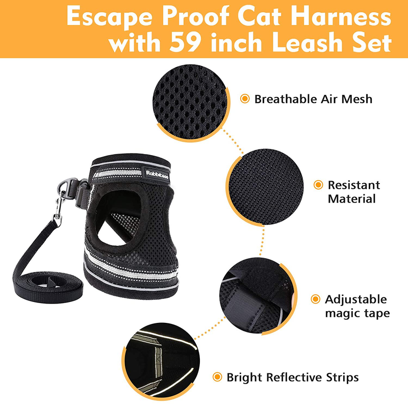 rabbitgoo Cat Harness and Leash Set for Walking Escape Proof, Adjustable Soft Kittens Vest with Reflective Strip for Cats, Comfortable Outdoor Vest, Black, S (Chest:9.0"-12.0") Animals & Pet Supplies > Pet Supplies > Cat Supplies > Cat Apparel rabbitgoo   