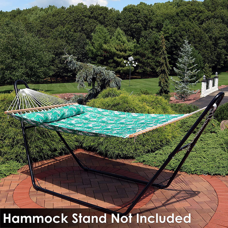 Sunnydaze 2-Person Quilted Printed Fabric Spreader Bar Hammock and Pillow - Large Modern Cloth Hammock with Metal S Hooks and Hanging Chains - Heavy Duty 450-Pound Weight Capacity - Green Palm Leaves Home & Garden > Lawn & Garden > Outdoor Living > Hammocks Sunnydaze   