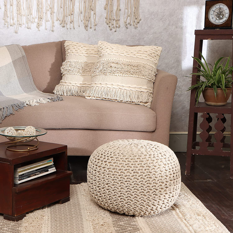 REDEARTH Tufted Throw Pillow Cushion Covers-Boho Textured Woven Decorative Cases Set for Couch, Sofa, Bed, Farmhouse, Chair, Dining, Patio, Outdoor, Car; 100% Cotton (18X18; Natural) Pack of 2 Home & Garden > Decor > Chair & Sofa Cushions REDEARTH   