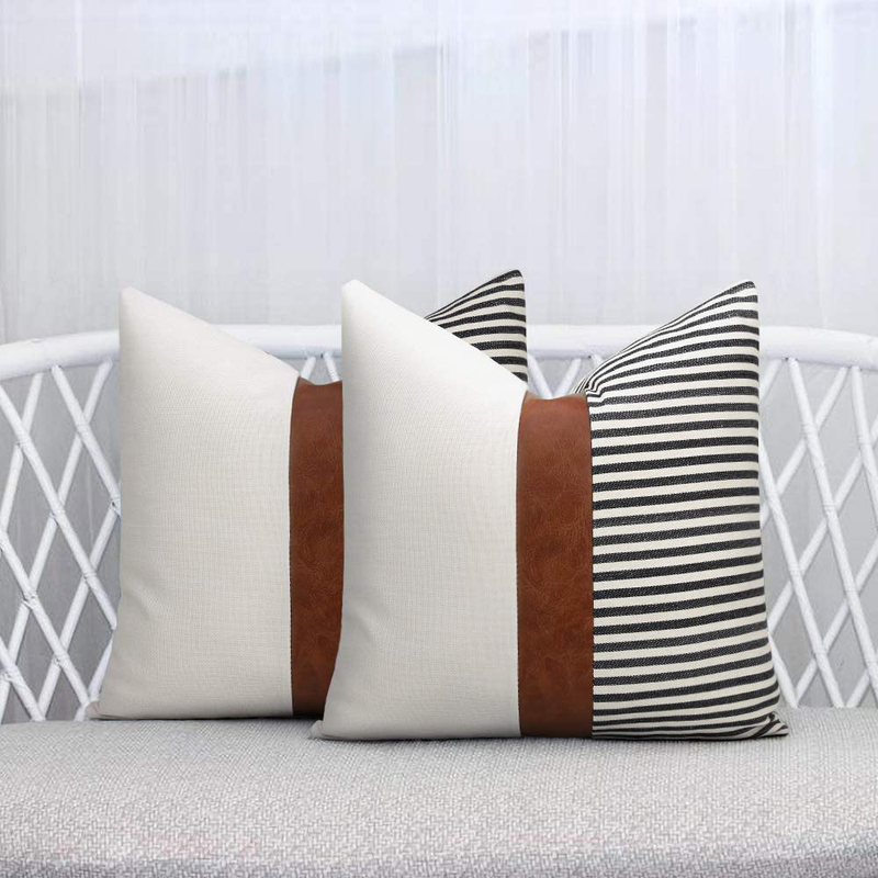 cygnus 20x20 Pillow Covers Set of 2 Farmhouse Decor Stripe Patchwork Linen Throw Pillow Covers Modern Faux Leather Cushion Covers for Couch Sofa,Black Home & Garden > Decor > Chair & Sofa Cushions cygnus   