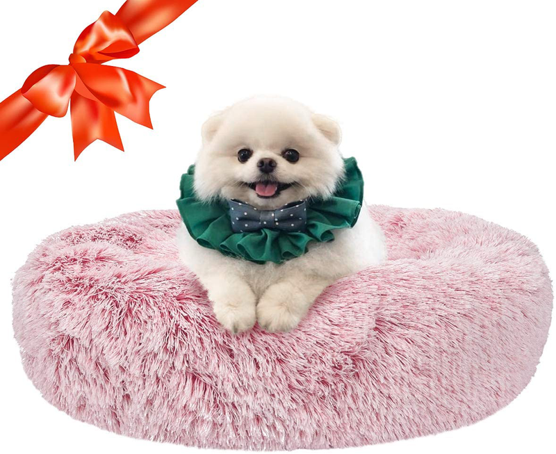 SHU UFANRO Dog Beds for Large Medium Small Dogs Round, Cat Cushion Bed, Calming Pet Beds Cozy Fur Donut Cuddler Improved Sleep, Washable, Non-Slip Bottom (XS/S/M/L) Animals & Pet Supplies > Pet Supplies > Dog Supplies > Dog Beds SHU UFANRO Pink S(23" x 23") 