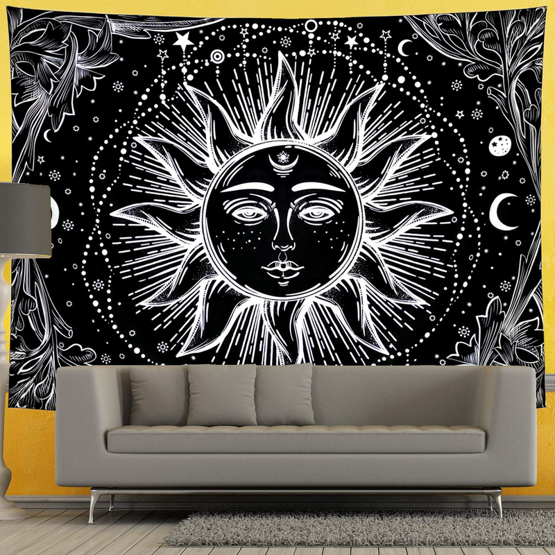 Sun Tapestry Psychedelic Burning Sun Wall Tapestry Black and White Tapestry Moon Sun with Star Tapestry Fractal Faces Bohemian Mandala Mystic Tapestry for Bedroom Living Room (Medium, Black Sun)