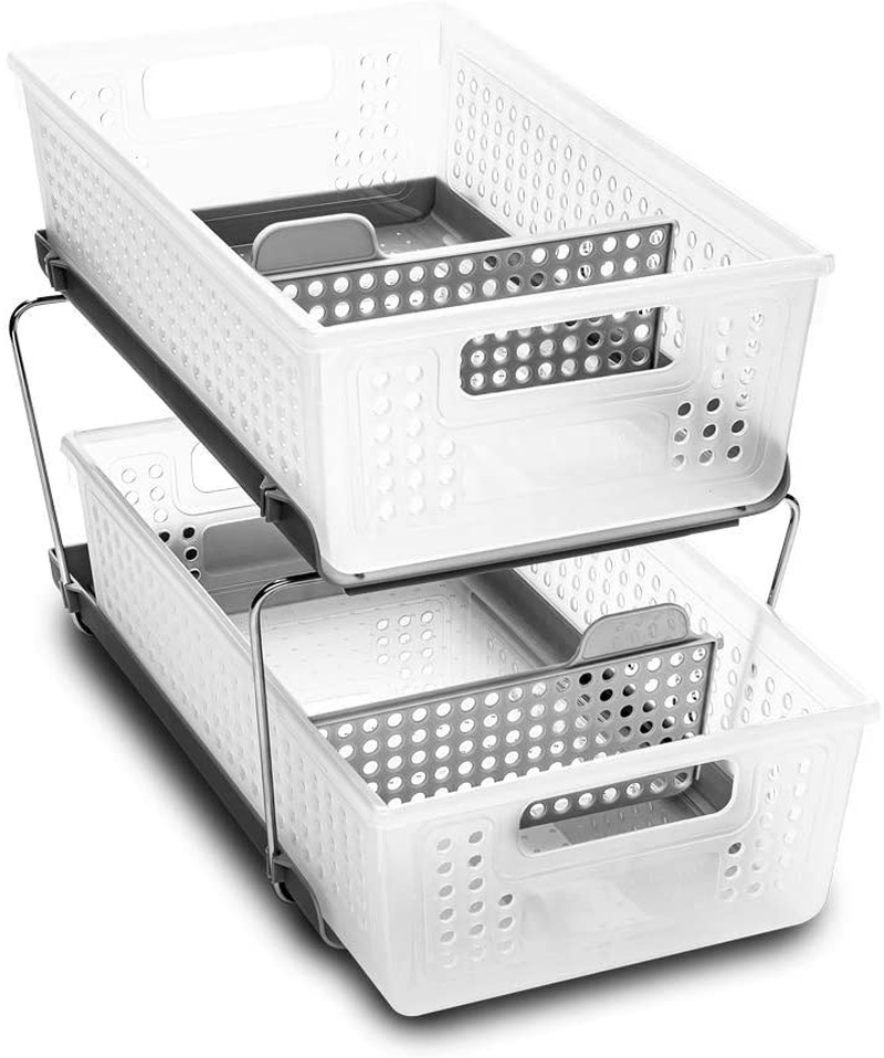 madesmart 2-Tier Organizer Bath Collection Slide-out Baskets with Handles, Space Saving, Multi-purpose Storage & BPA-Fre, Large, Frost-with Dividers