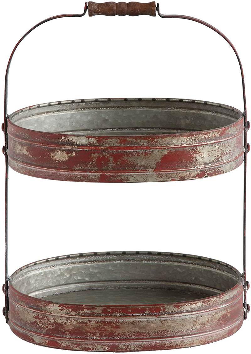 Creative Co-Op DA6876 Red Metal Oval 2 Tier Tray with Handle Distressed Red, 12.25"L x 9"W x 17.5"H Home & Garden > Decor > Decorative Trays Creative Co-op Default Title  