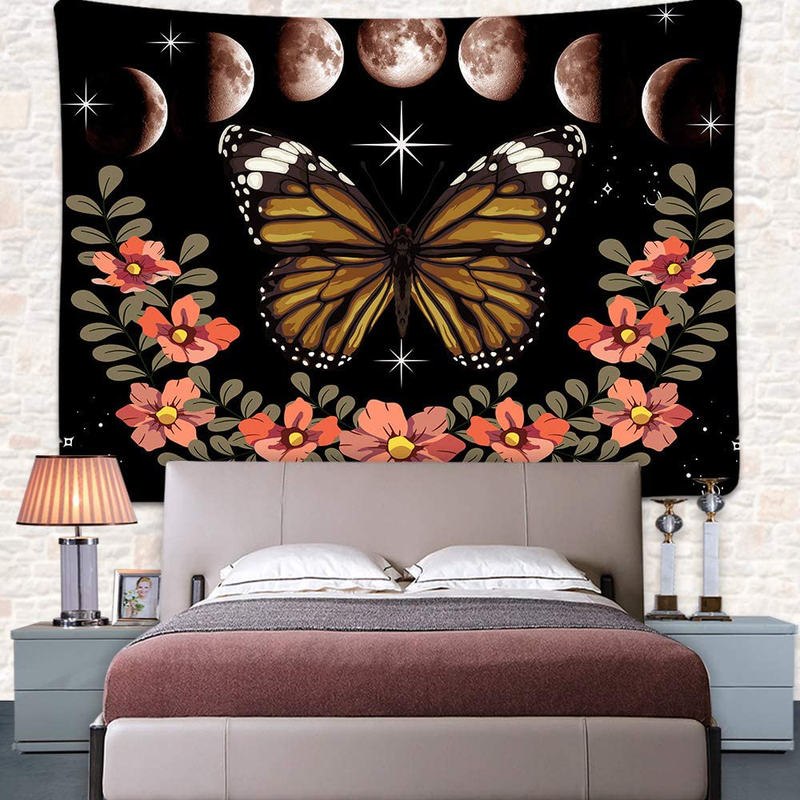 Moonlit Garden Tapestry, Moon Phase Tapestries Butterfly Flower Vine Tapestry Wall Hanging for for Bedroom Living Room Dorm Office Bed Cover 80X60 Inches GTZYUH201