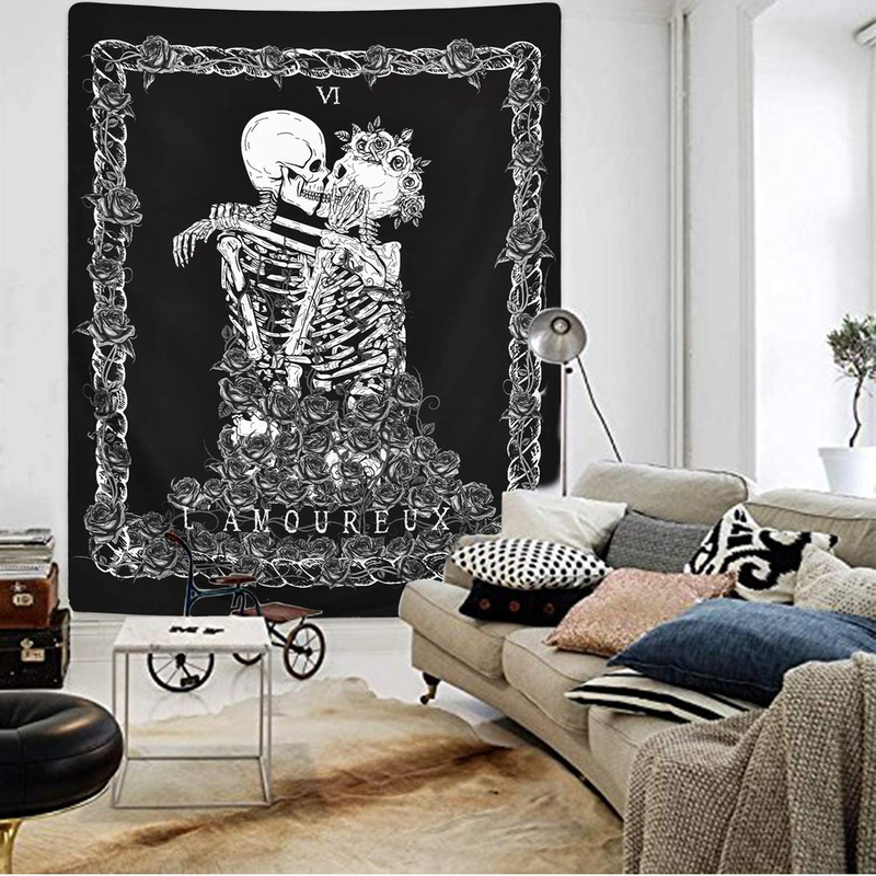 Skull Tapestry The Kissing Lovers Tapestry Black Tarot Tapestry Human Skeleton Tapestry for Room Home & Garden > Decor > Artwork > Decorative Tapestries Krelymics   