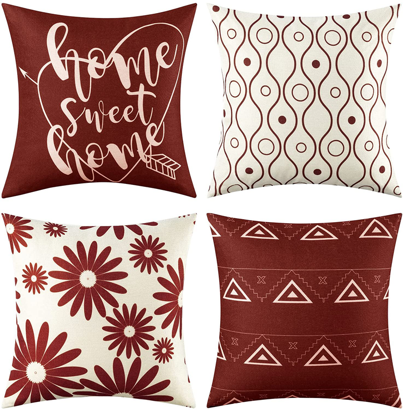 Sunolga Throw Pillow Covers Set of 4, Cushion Covers Linen for Indoor Outdoor, Decorative Pillow Cases for Couch Living Room Bed Sofa Chair Car Home & Garden > Decor > Chair & Sofa Cushions Sunolga Wine Red 18x18 Inch 