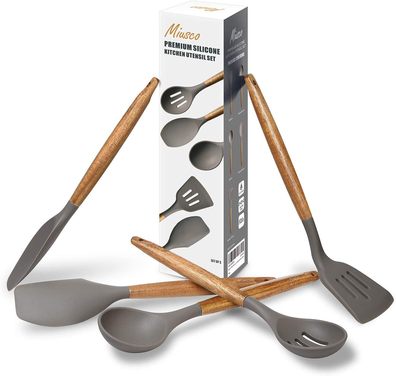 Miusco Non-Stick Silicone Cooking Utensils Set with Natural Acacia Hard Wood Handle, 5 Piece, Grey, High Heat Resistant Home & Garden > Kitchen & Dining > Kitchen Tools & Utensils Miusco   