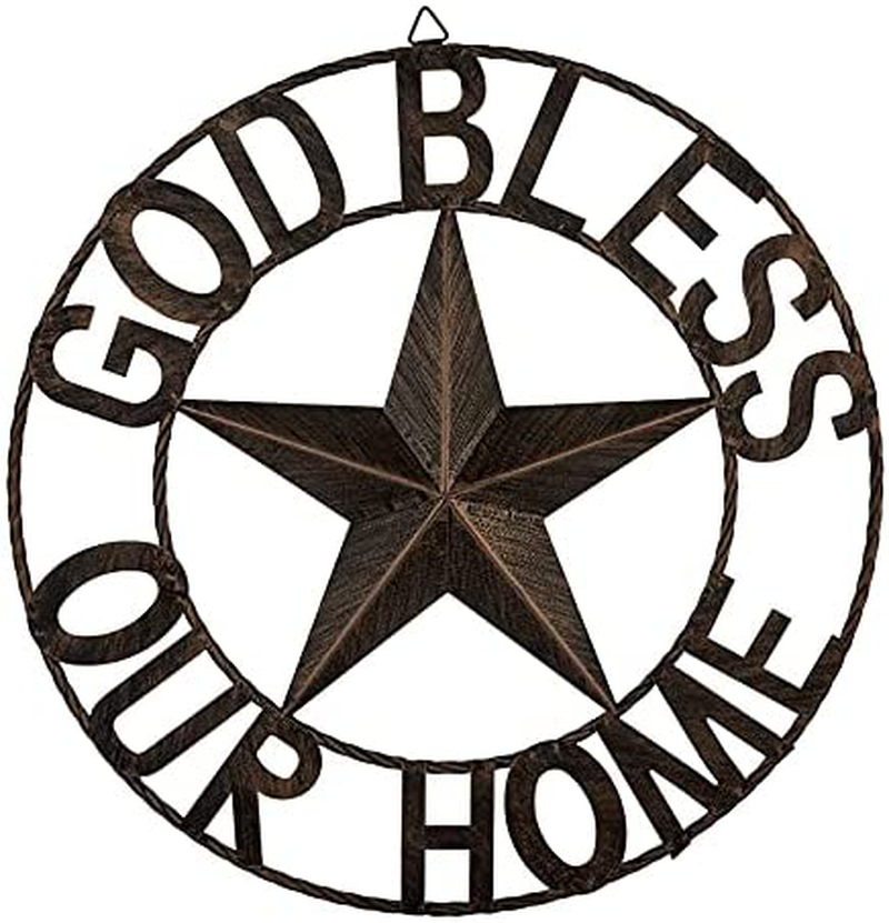 EBEI 26" Large Metal Barn Star Western Home Wall Decor Antique Circle Dark Brown Texas Lone Star with Letters God Bless Our Home Home & Garden > Decor > Artwork > Sculptures & Statues EBEI 26“  