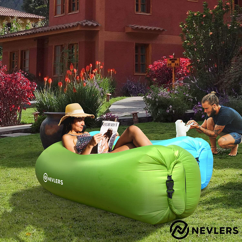 Nevlers 2 Pack Inflatable Loungers with Side Pockets and Matching Travel Bag - Blue & Green - Waterproof and Portable - Great and Easy to Take to the Beach, Park, Pool, and as Camping Accessories Sporting Goods > Outdoor Recreation > Camping & Hiking > Camp Furniture Nevlers   