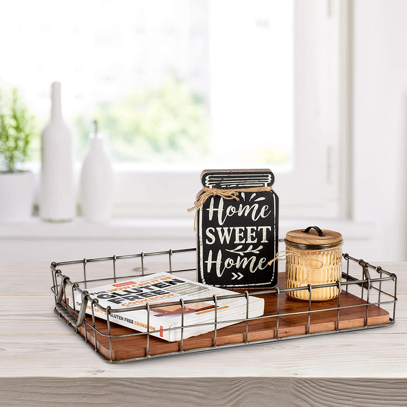 Sweela Galvanized Metal and Wood Tray with Handles, Rustic Tray for Kitchen Counter, Farmhouse Tray for Coffee Table, Rectangle Wire Tray Organizer for Countertop Home & Garden > Decor > Decorative Trays Sweela   