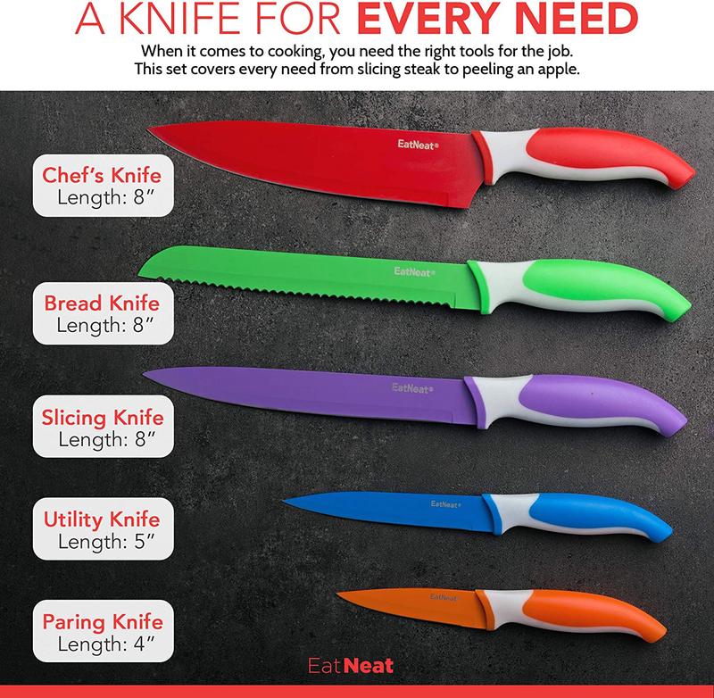 EatNeat 12-Piece Colorful Kitchen Knife Set - 5 Colored Stainless Steel Knives with Sheaths, Cutting Board, and a Sharpener - Razor Sharp Cutting Tools that are Kitchen Essentials for New Home Home & Garden > Kitchen & Dining > Kitchen Tools & Utensils > Kitchen Knives EATNEAT   