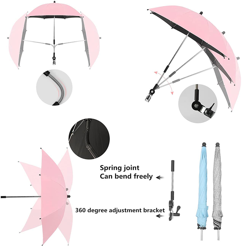 Portable Folding Sun Umbrella, Beach Umbrella with Universal Clamp, SPF 50+ Adjustable Golf Umbrella for Strollers, Beach Chairs, Wheelchairs
