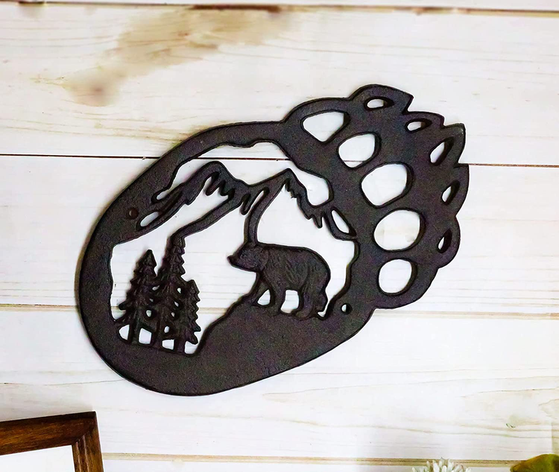 Ebros Gift 11.5" Wide Western Black Bear Paw With Pine Tree Forest And Mountain Design Cast Iron Metal Wall Decor Plaque Southwest Rustic Country Bears Vintage Decorative Accent For Walls Or Tables Home & Garden > Decor > Artwork > Sculptures & Statues Ebros Gift   