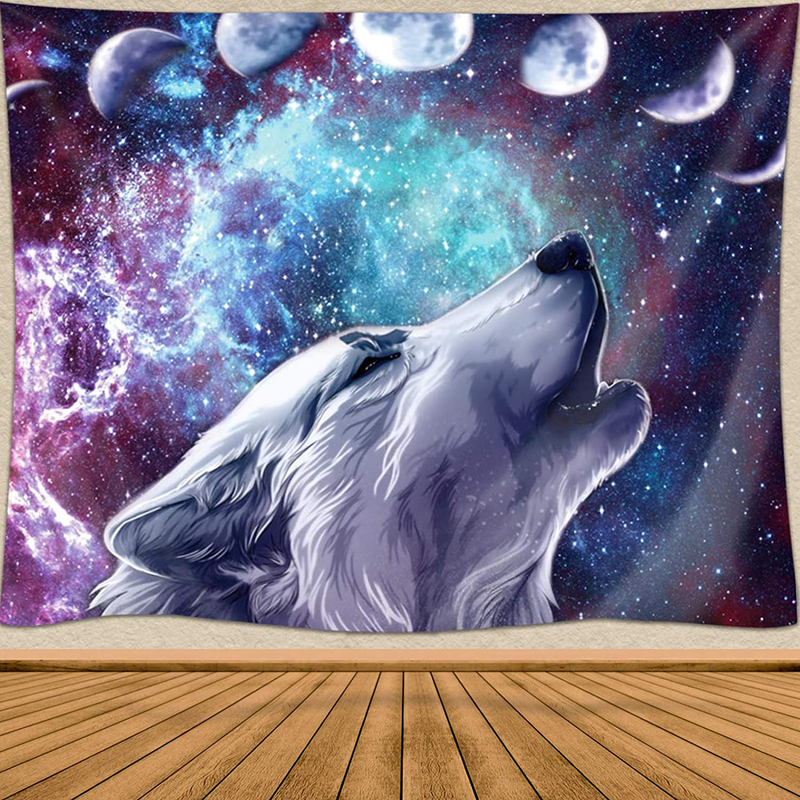 JOYSOG Wolf Tapestry Wall Hanging Galaxy Wolves in Starry Night Wall Decor Tapestry Space Moon Phase Tapestries for Bedroom Living Room - 60" x 50" Home & Garden > Decor > Artwork > Decorative Tapestries JOYSOG 60" x 50"  