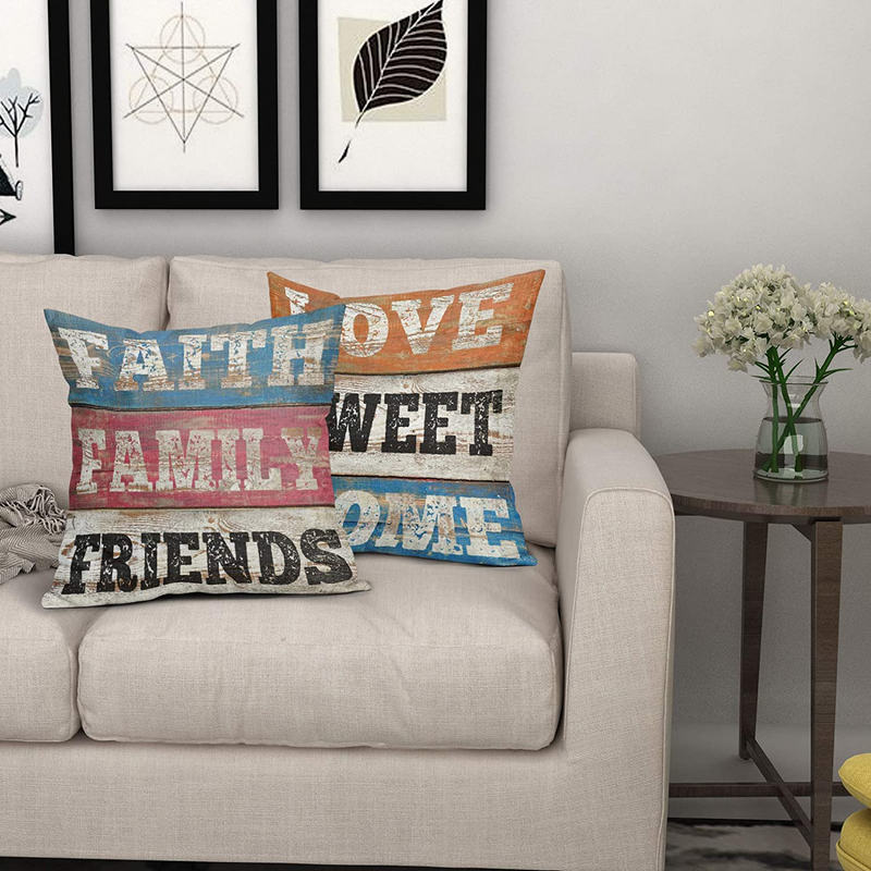 Granbey 2PCS Retro Colorful Wooden Printed Pillow Cover Faith Family Friends Pillow Cushion Cover Love Sweet Home Throw Pillow Covers Fashion Home Decor Sofa Pillowcases Great Gift 18X18 In Home & Garden > Decor > Chair & Sofa Cushions Granbey   