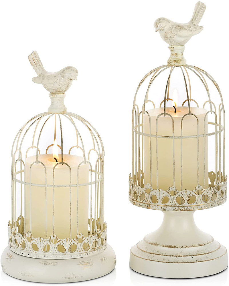 Romadedi Decorative Birdcage Candle Holder Lantern - Set of 2 Cage Lanterns for Candlestick Holder Vintage Home Decoration Table Centerpiece Mantel Decor, 13’’/16’’ Tall, Distressed Black Arts & Entertainment > Party & Celebration > Party Supplies Romadedi Ivory Style 2 